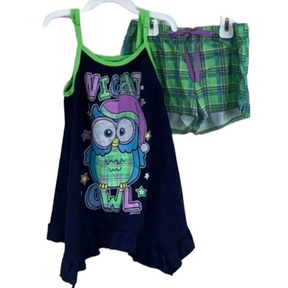 Justice 2pc Night Owl Pajama Set Girls Size 8 Navy Top Neon Green Plaid Short PJ